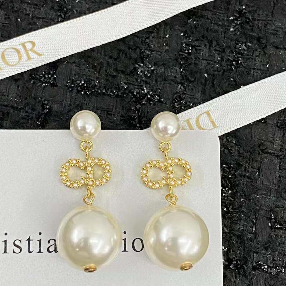 Dior Women Tribales Earrings Gold-Finish Metal, White Resin Pearls and White Crystals (2)