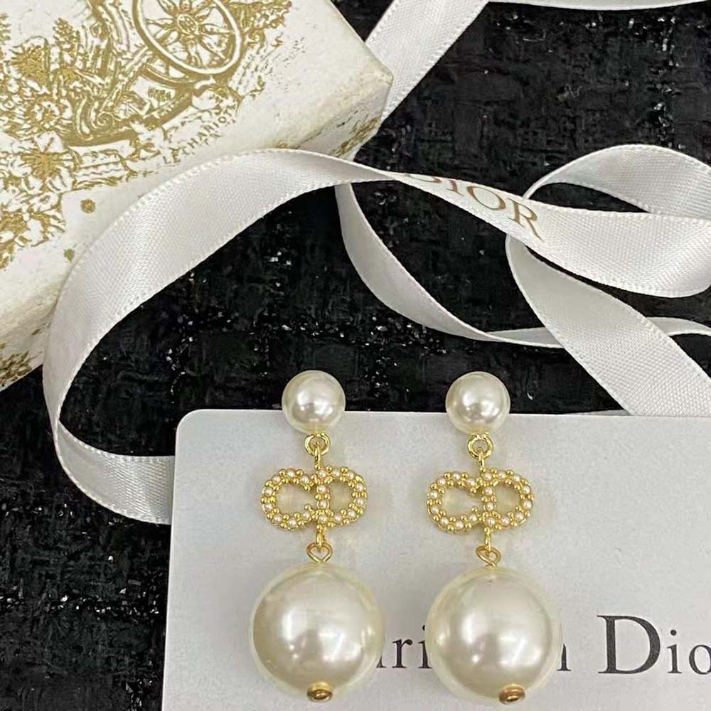 Dior Women Tribales Earrings Gold-Finish Metal, White Resin Pearls and White Crystals (5)