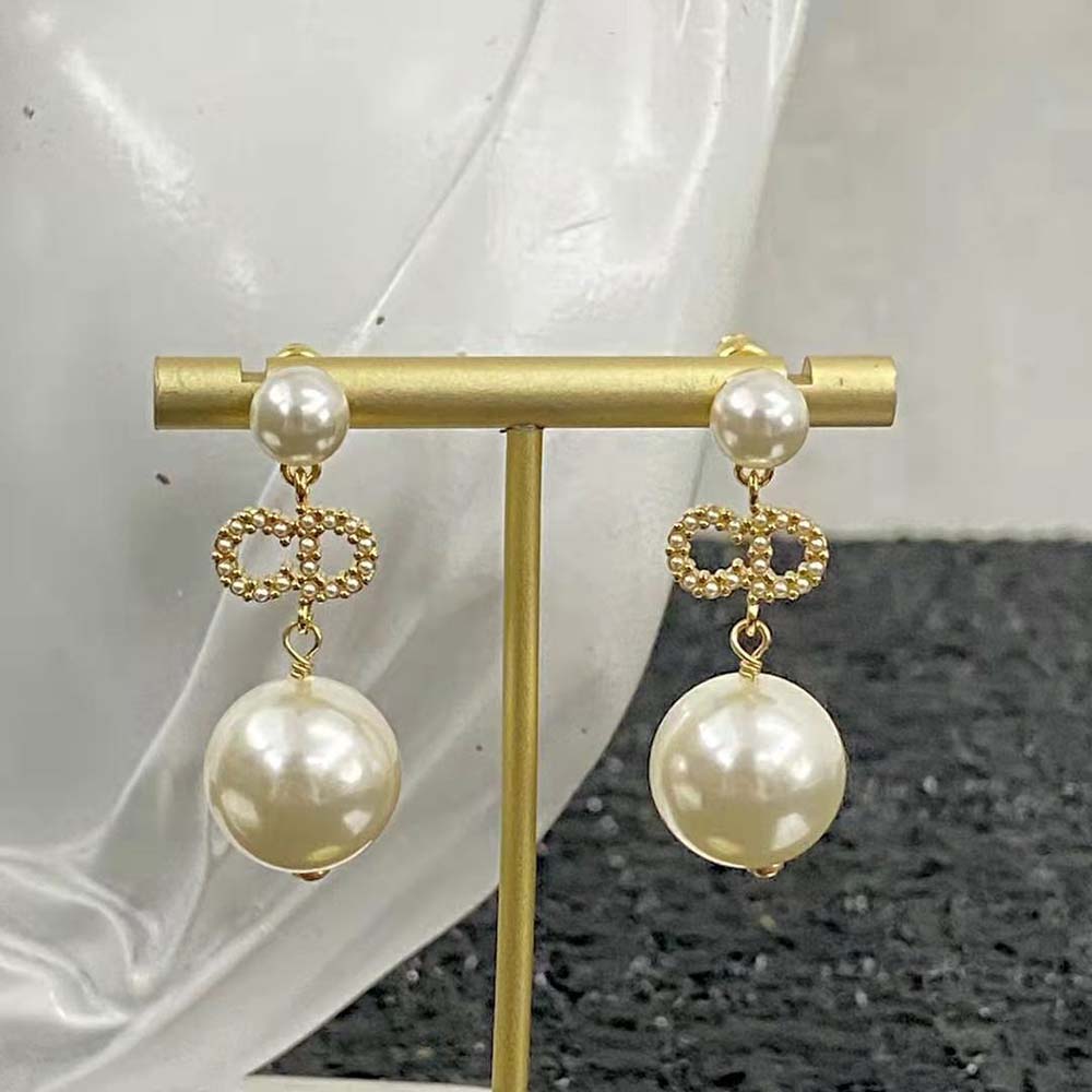 Dior Women Tribales Earrings Gold-Finish Metal, White Resin Pearls and White Crystals (7)