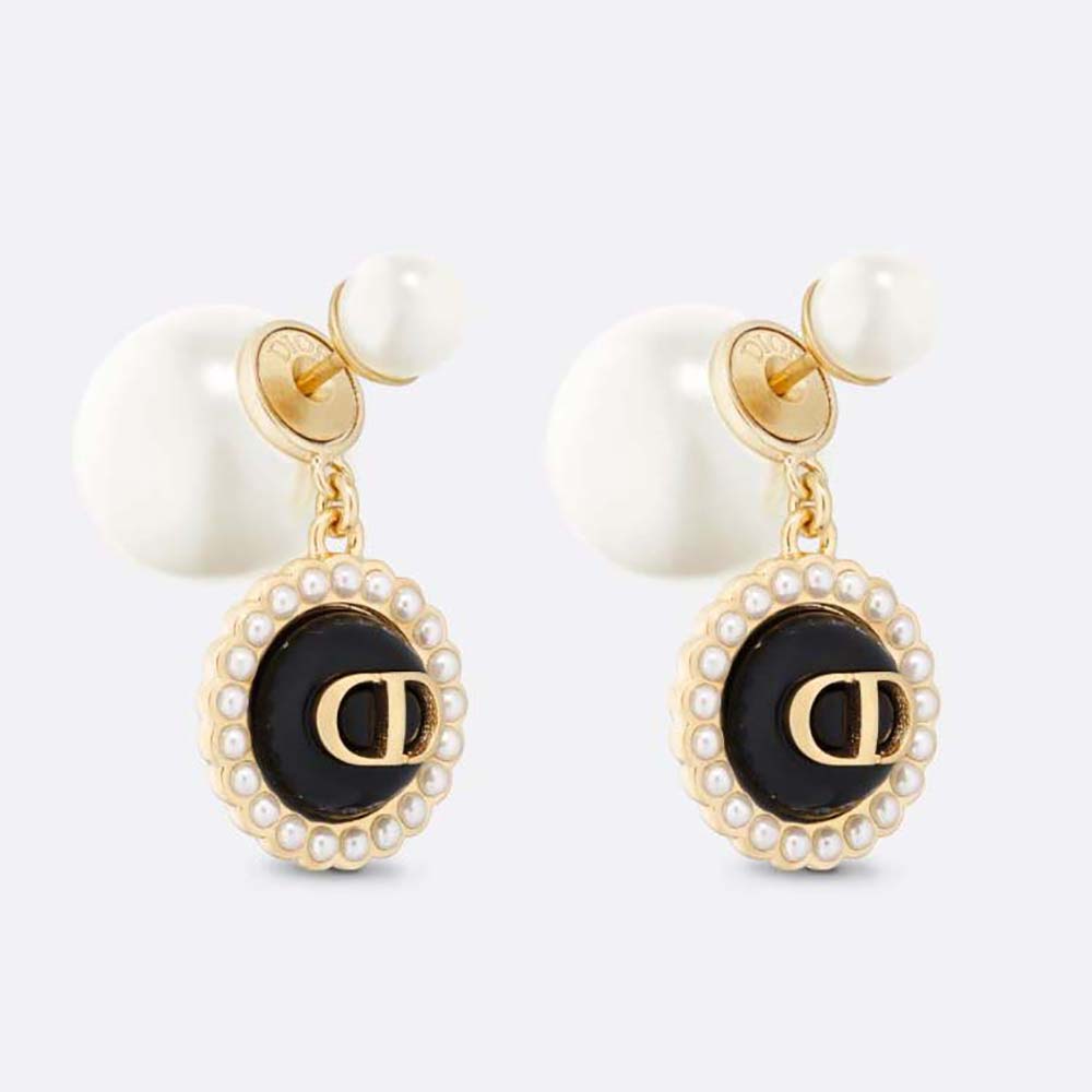 Dior Women Tribales Earrings Gold-Finish Metal with White Resin Pearls and Black Glass