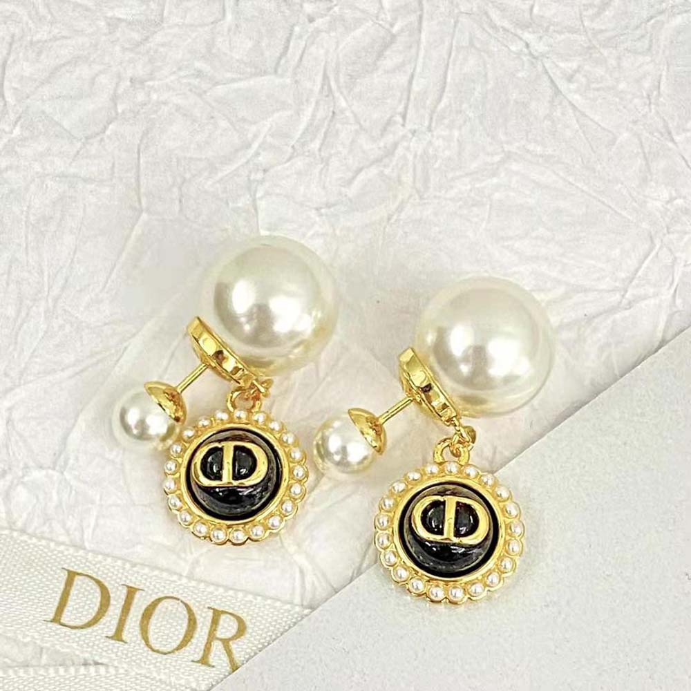 Dior Women Tribales Earrings Gold-Finish Metal with White Resin Pearls and Black Glass (2)