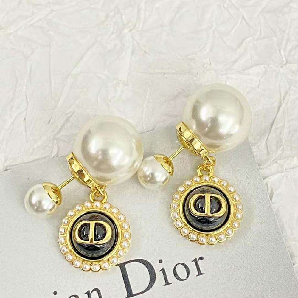 Dior Women Tribales Earrings Gold-Finish Metal with White Resin Pearls and Black Glass (3)