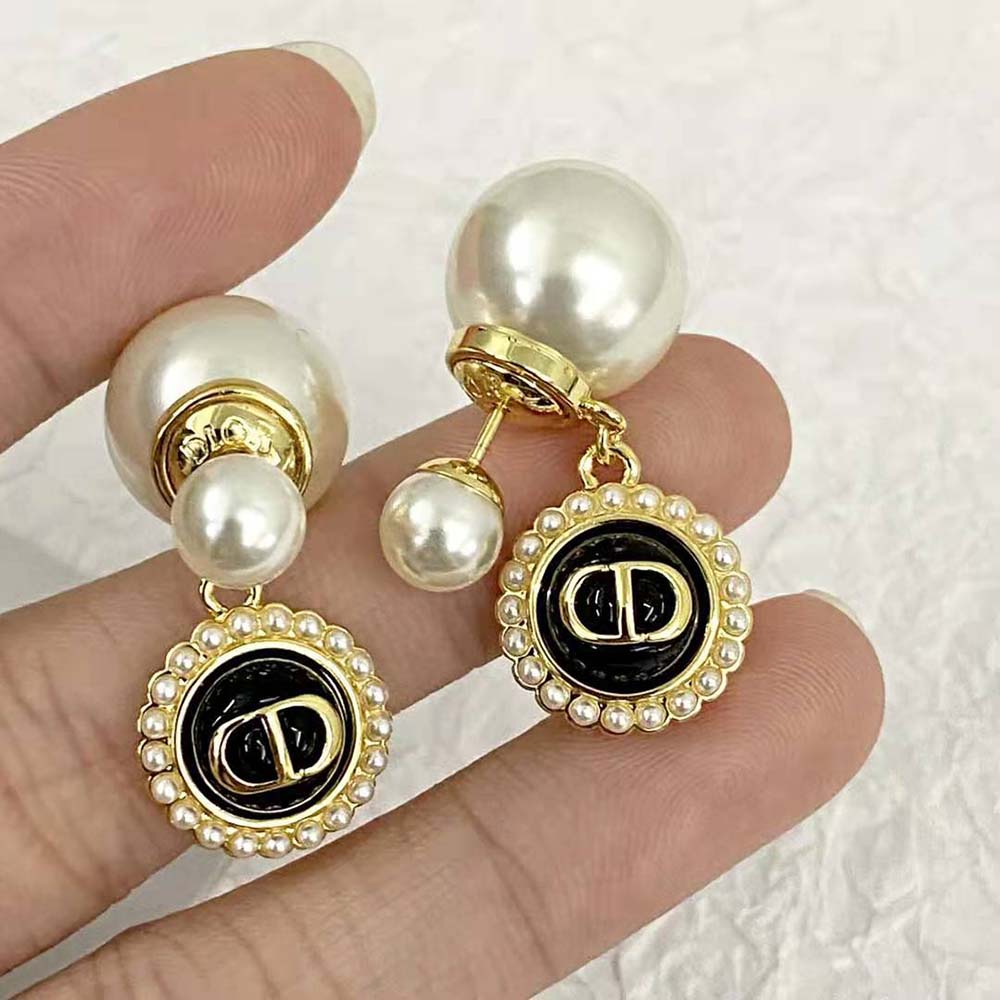 Dior Women Tribales Earrings Gold-Finish Metal with White Resin Pearls and Black Glass (4)