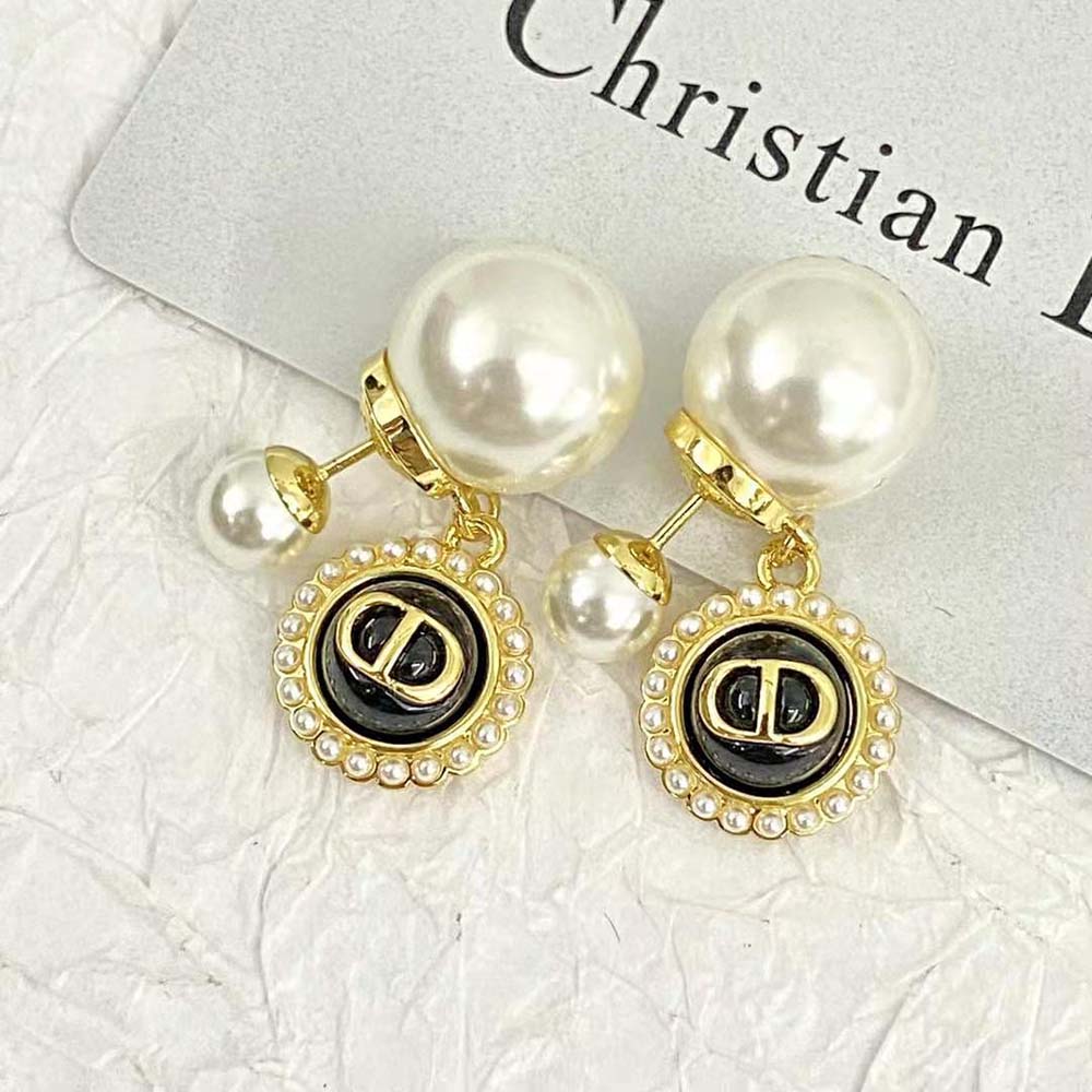 Dior Women Tribales Earrings Gold-Finish Metal with White Resin Pearls and Black Glass (5)