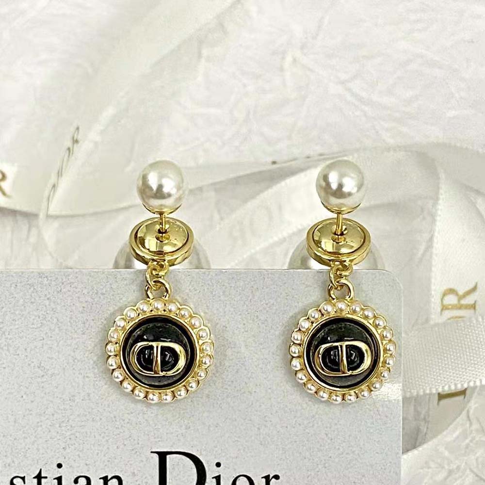 Dior Women Tribales Earrings Gold-Finish Metal with White Resin Pearls and Black Glass (6)