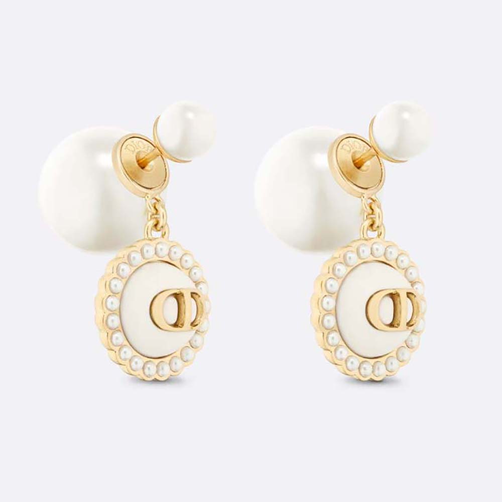 Dior Women Tribales Earrings Gold-Finish Metal with White Resin Pearls and Latte Glass