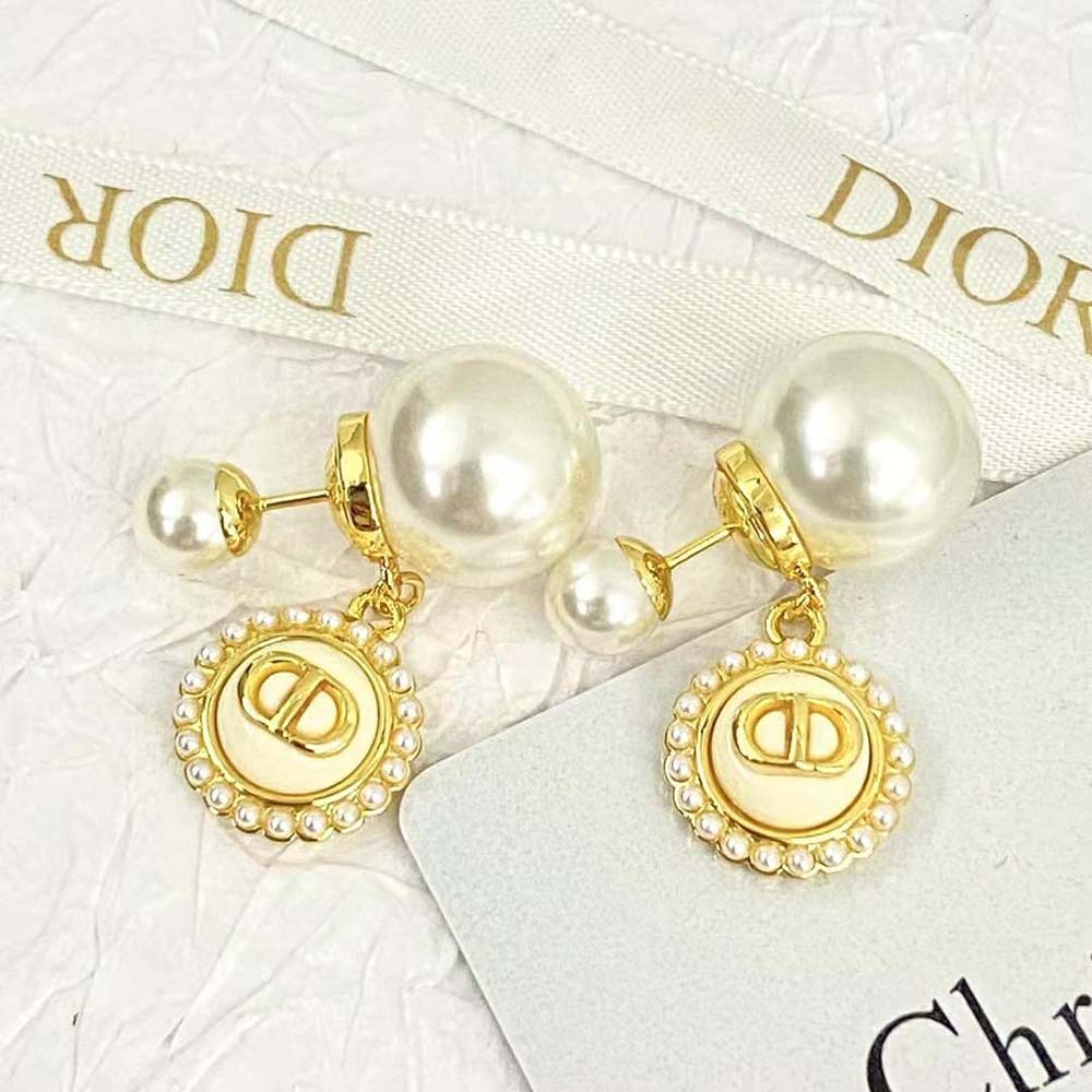 Dior Women Tribales Earrings Gold-Finish Metal with White Resin Pearls and Latte Glass (3)