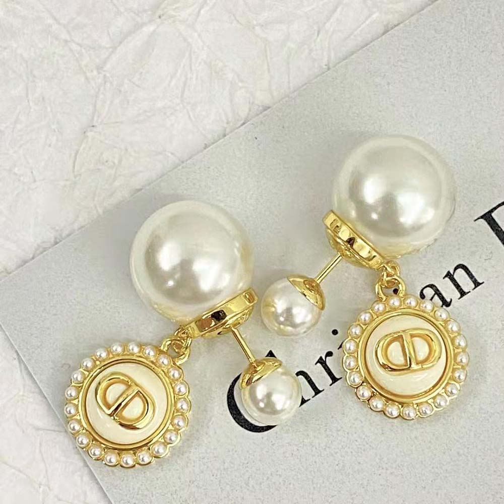 Dior Women Tribales Earrings Gold-Finish Metal with White Resin Pearls and Latte Glass (4)