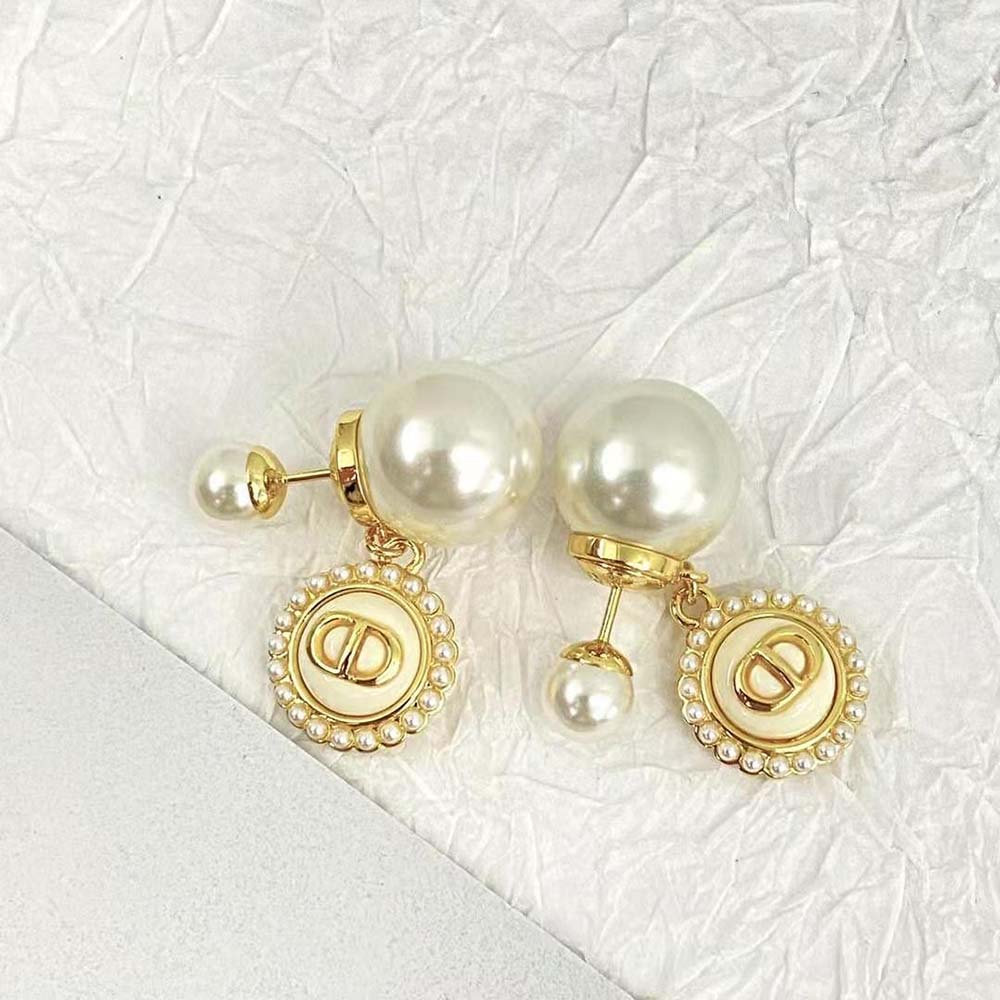 Dior Women Tribales Earrings Gold-Finish Metal with White Resin Pearls and Latte Glass (5)