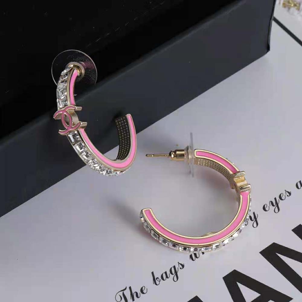 Chanel Women Hoop Earrings in Metal and Diamantés-Pink (6)
