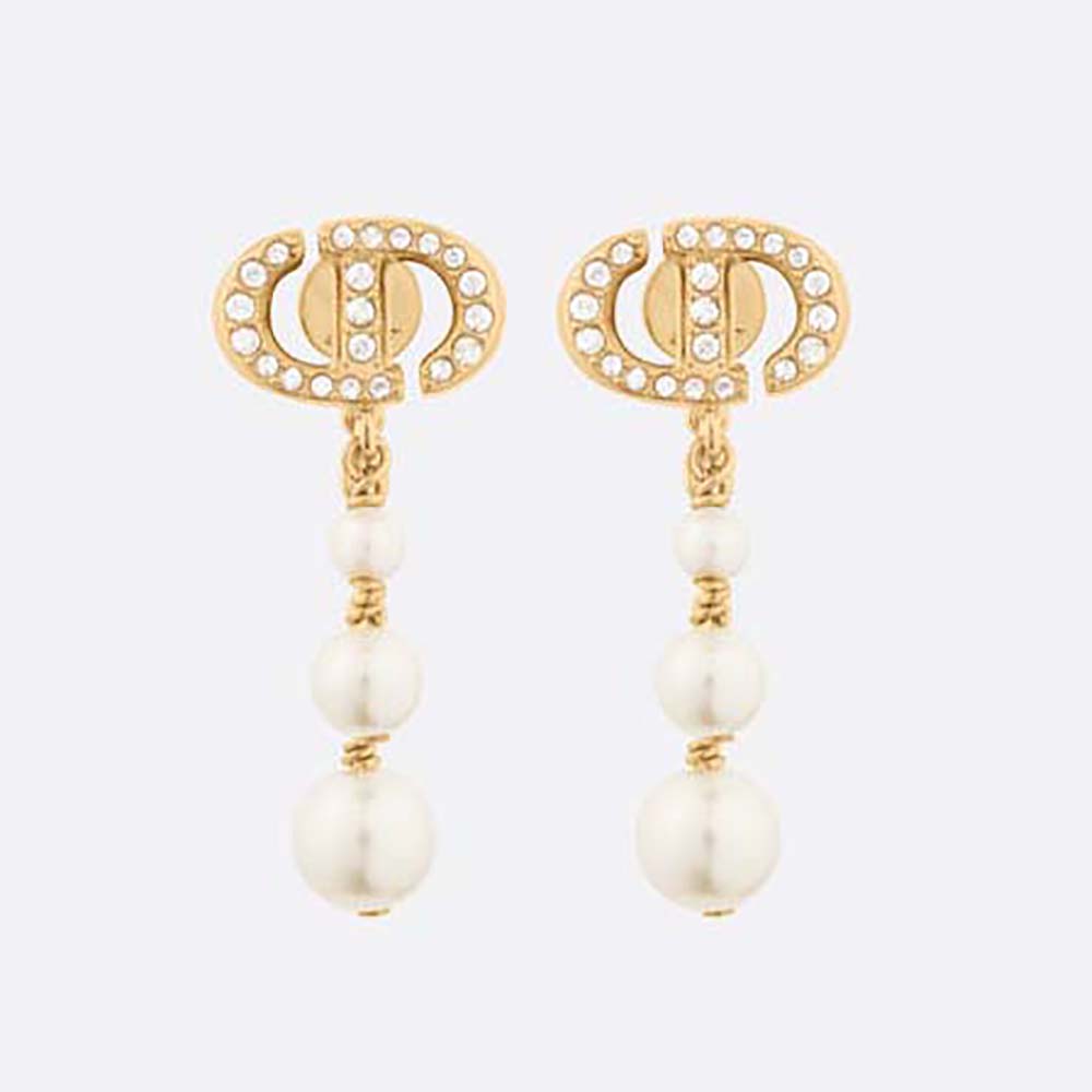 Dior Women CD Navy Earrings White-Finish Metal with White Resin Pearls and Crystals