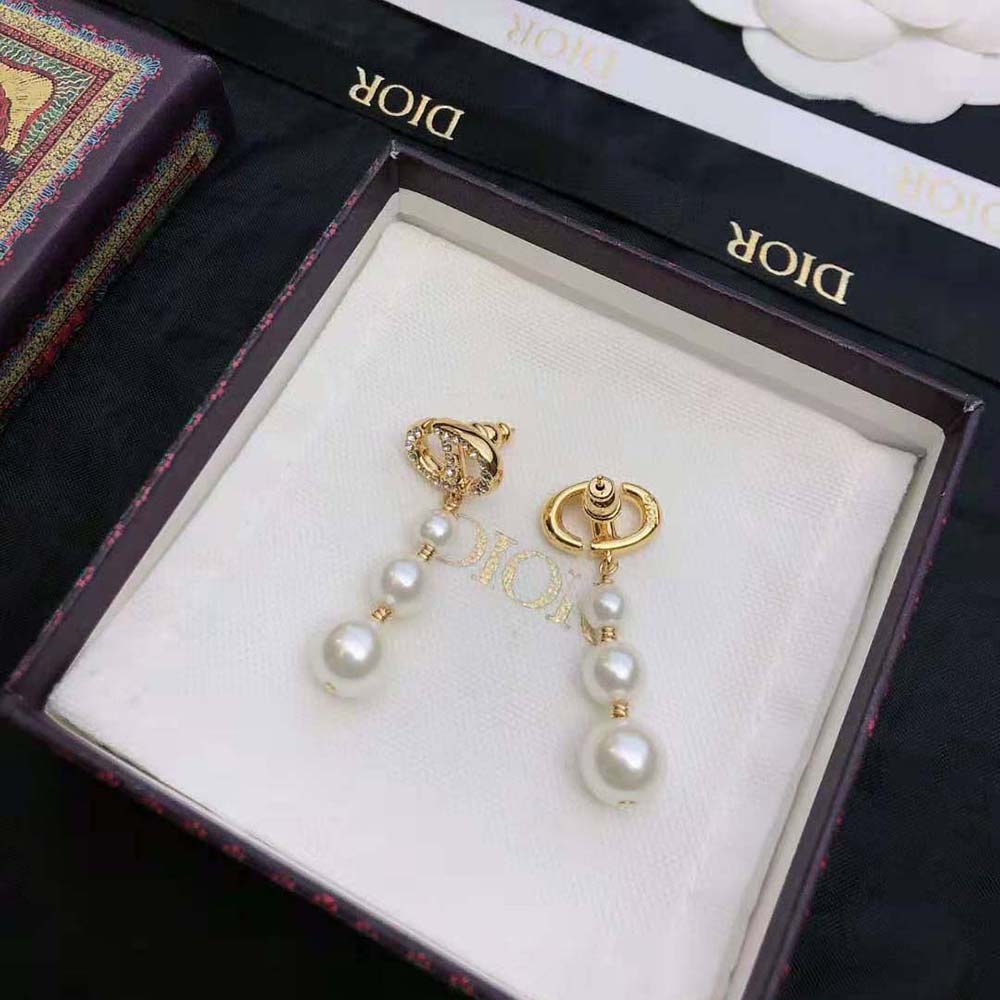 Dior Women CD Navy Earrings White-Finish Metal with White Resin Pearls and Crystals (4)