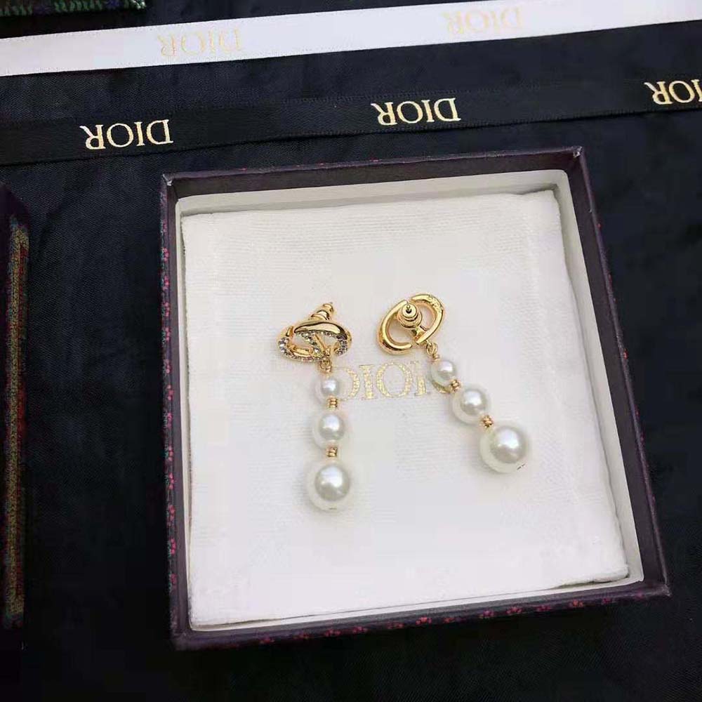 Dior Women CD Navy Earrings White-Finish Metal with White Resin Pearls and Crystals (7)