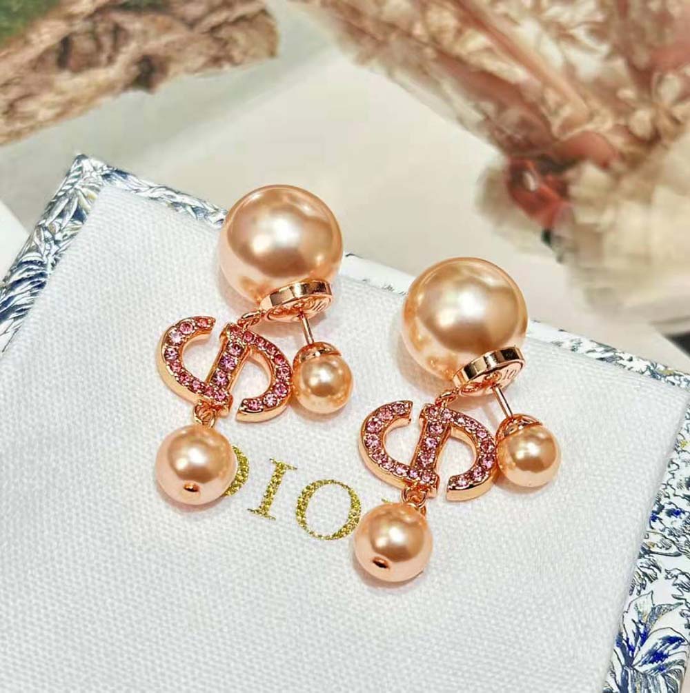 Dior Women Tribales Earrings Pink-Finish Metal with Pink Resin Pearls and Crystals (2)