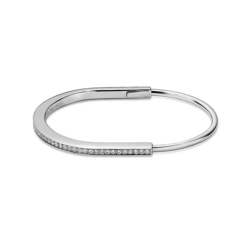 Tiffany Lock Narrow Bangle in White Gold with Half Pavé Diamonds