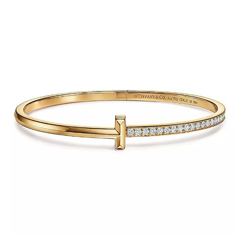 Tiffany T T1 Narrow Diamond Hinged Bangle in Yellow Gold (1)