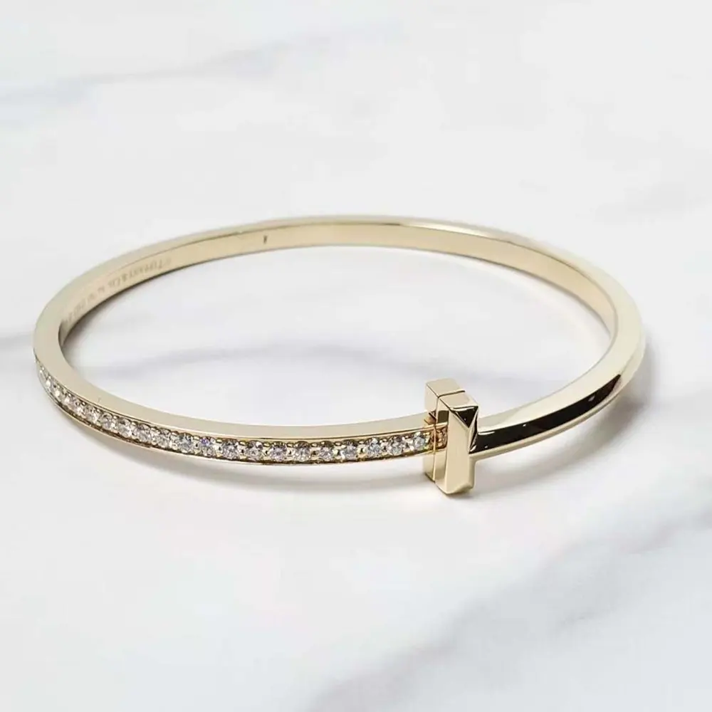 Tiffany T T1 Narrow Diamond Hinged Bangle in Yellow Gold (4)