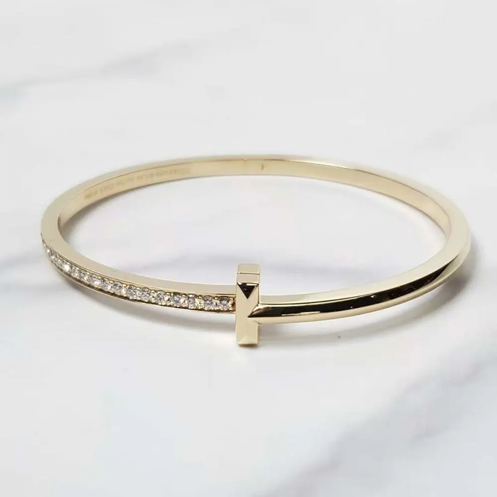 Tiffany T T1 Narrow Diamond Hinged Bangle in Yellow Gold (6)