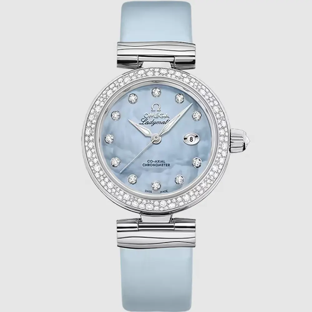 Omega Women De Ville Ladymatic Watch 34 mm Steel and Diamond on Leather Strap