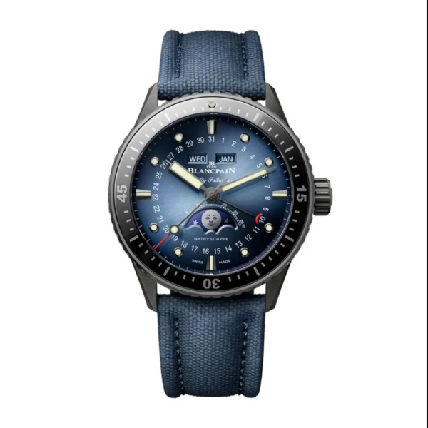 Blancpain Men Fifty Fathoms Bathyscaphe Quantième Complet Phases de Lune 43mm Blue in Sail-canvas (1)