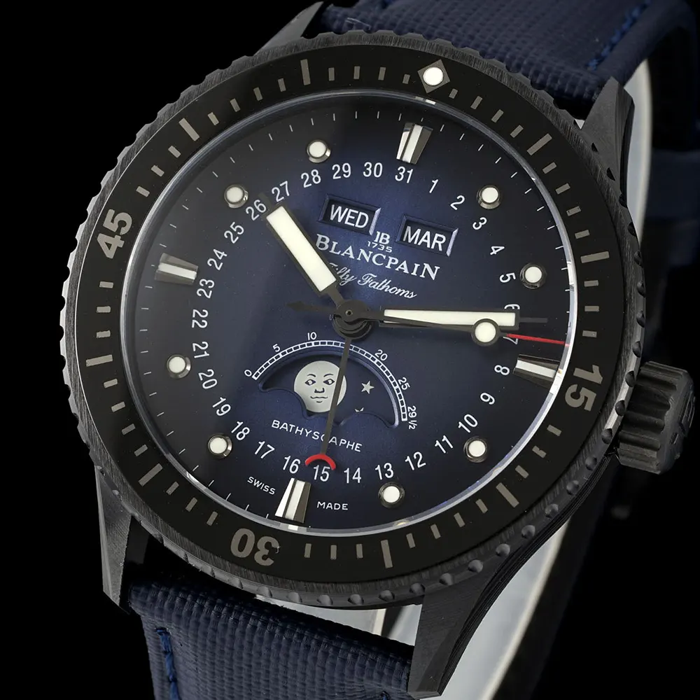 Blancpain Men Fifty Fathoms Bathyscaphe Quantième Complet Phases de Lune 43mm Blue in Sail-canvas (4)